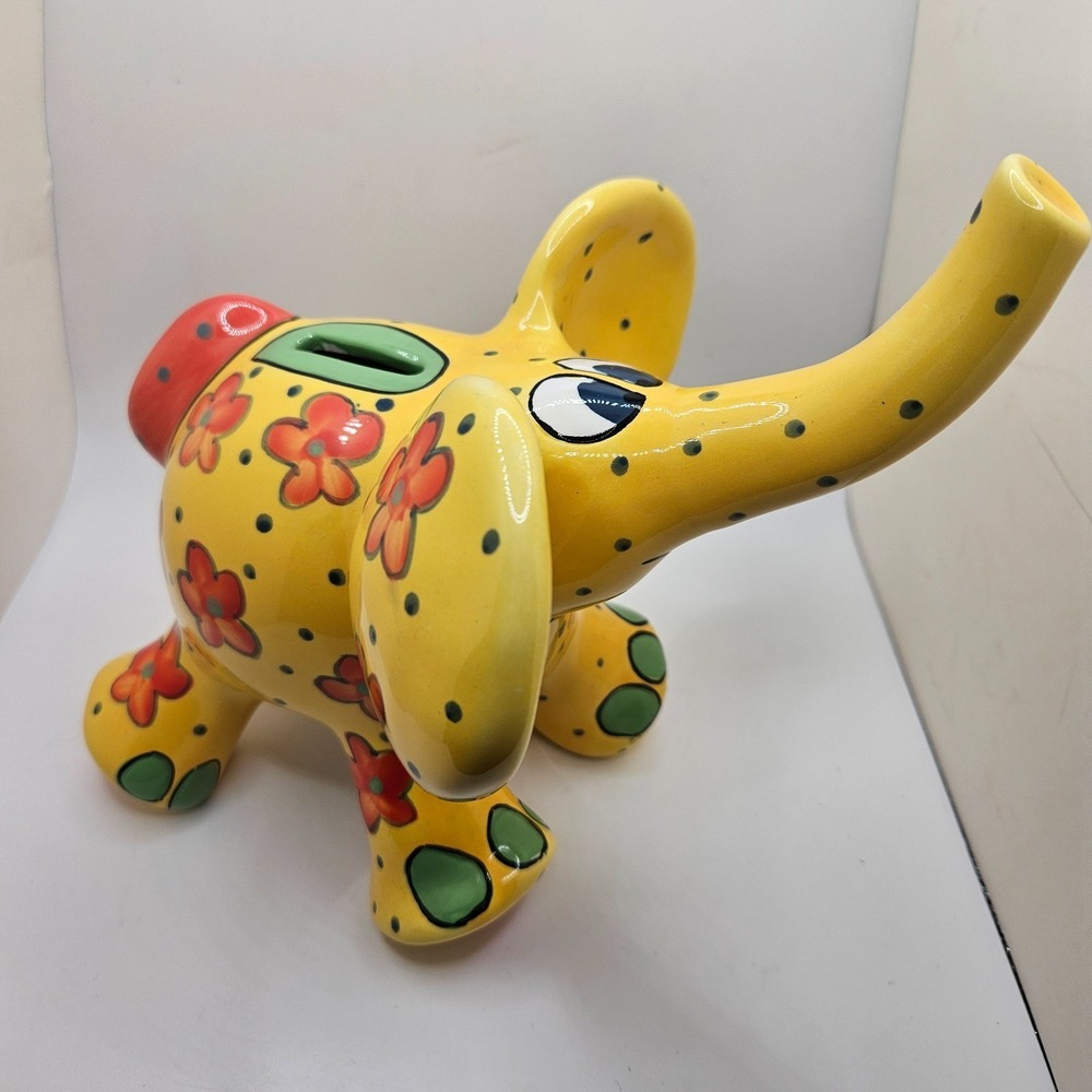 Colorful Ceramic Elephant‎ Piggy Bank Floral Yellow Pop Art Coin Bank Decor